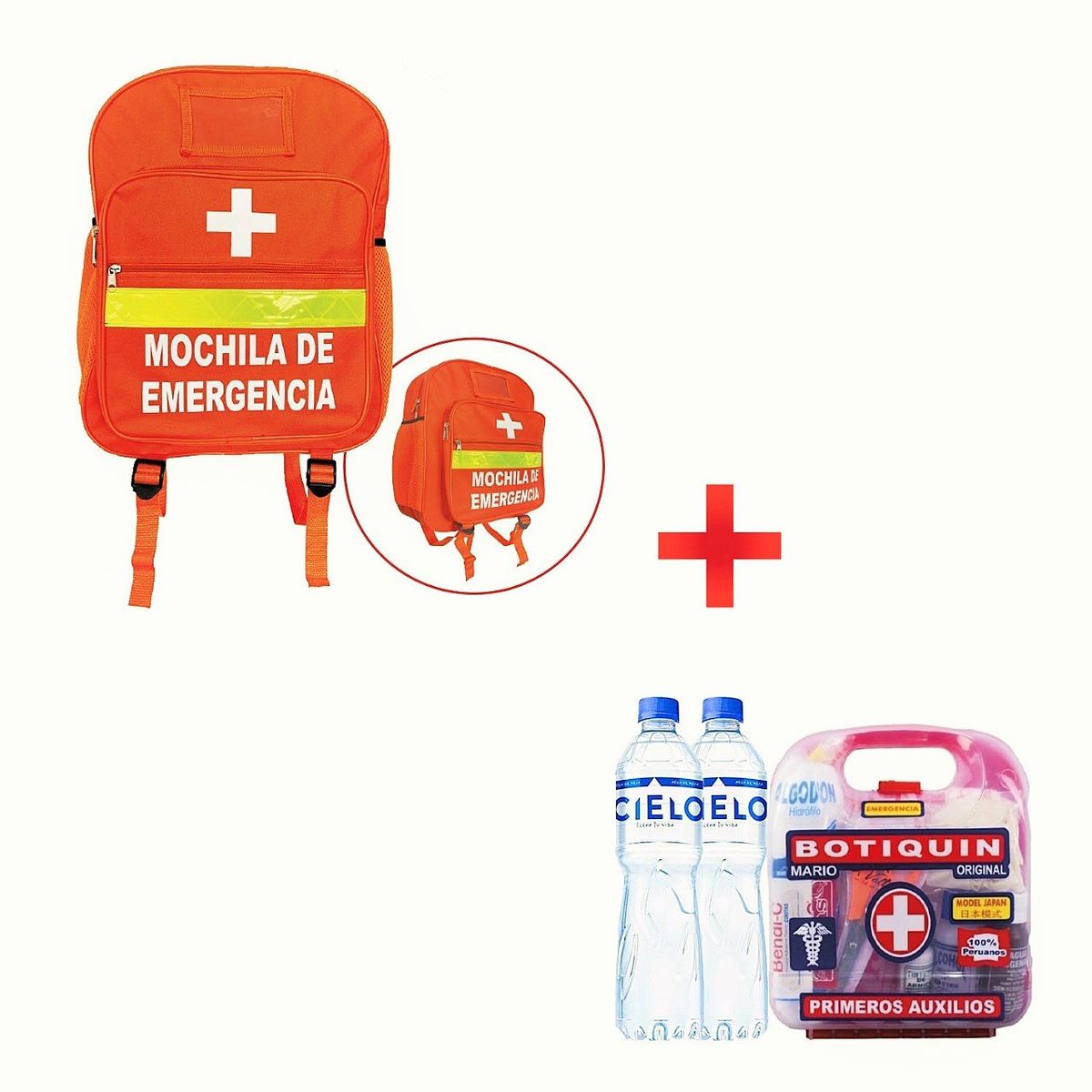 GENERICO - Mochila de Emergencia Naranja + Botiquín + 2 Botellas de Agua 500 ml