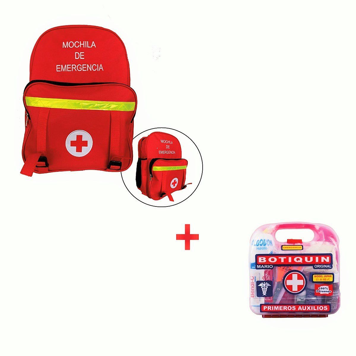 GENERICO - Mochila de Emergencia Roja + Botiquín + 2 Botellas de Agua 500 ml