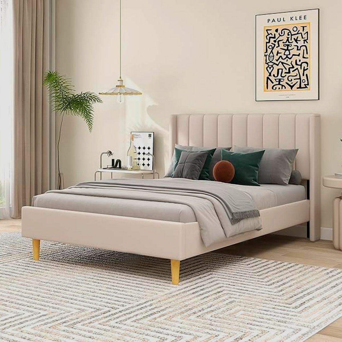 GENERICO - Cama Tapizada Listón Beige con Patas Vintage 2 Plazas