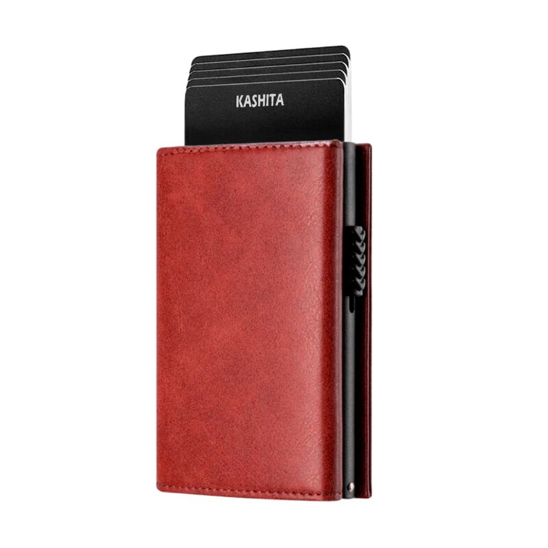 GENERICO - Billetera Mujer Cuero Rojo Tarjetero RFID Imantado Automático