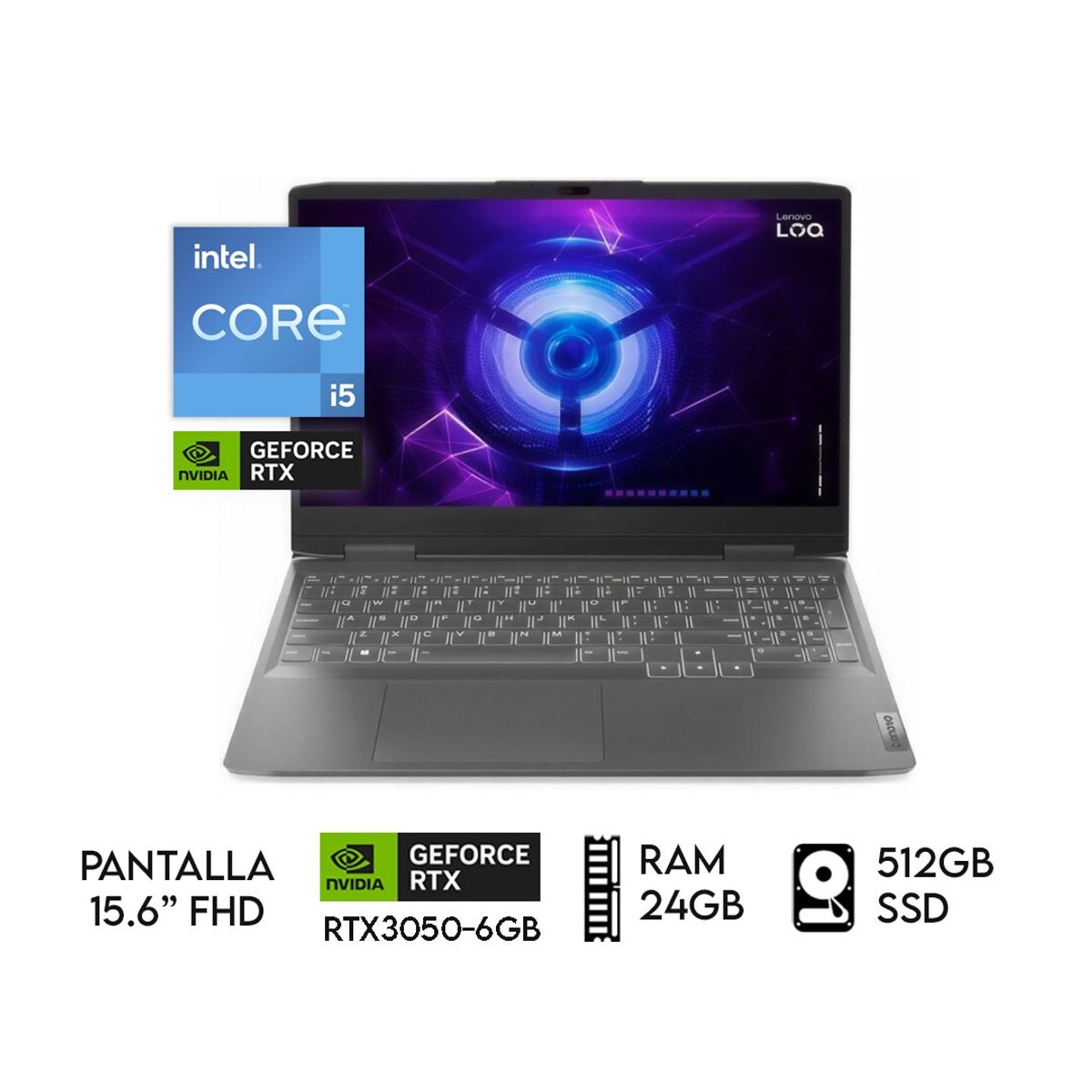 LENOVO - Laptop LOQ 15 Core I5-12450hx Ram 24GB SSD 512GB RTX 3050 6GB 15.6" FHD