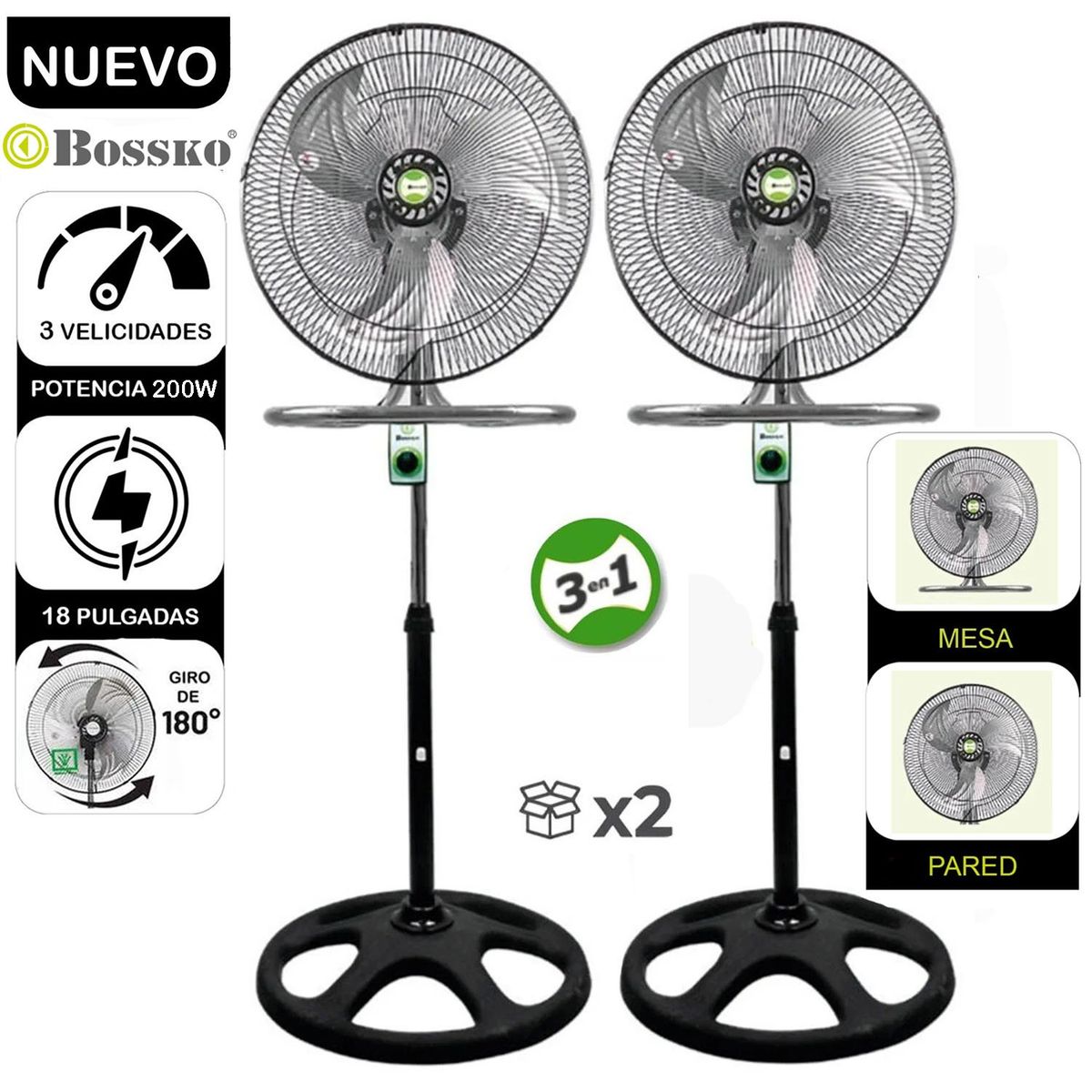 BOSSKO - Ventilador Pedestal 3 en 1 De 18″ 200 W BK-8218VI/NG Caja de 2U
