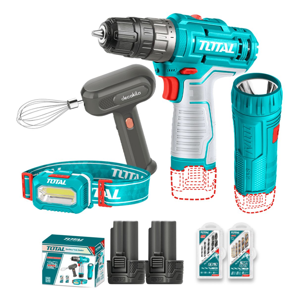 TOTAL TOOLS - Taladro 12v + linterna + lampara + batidora Total