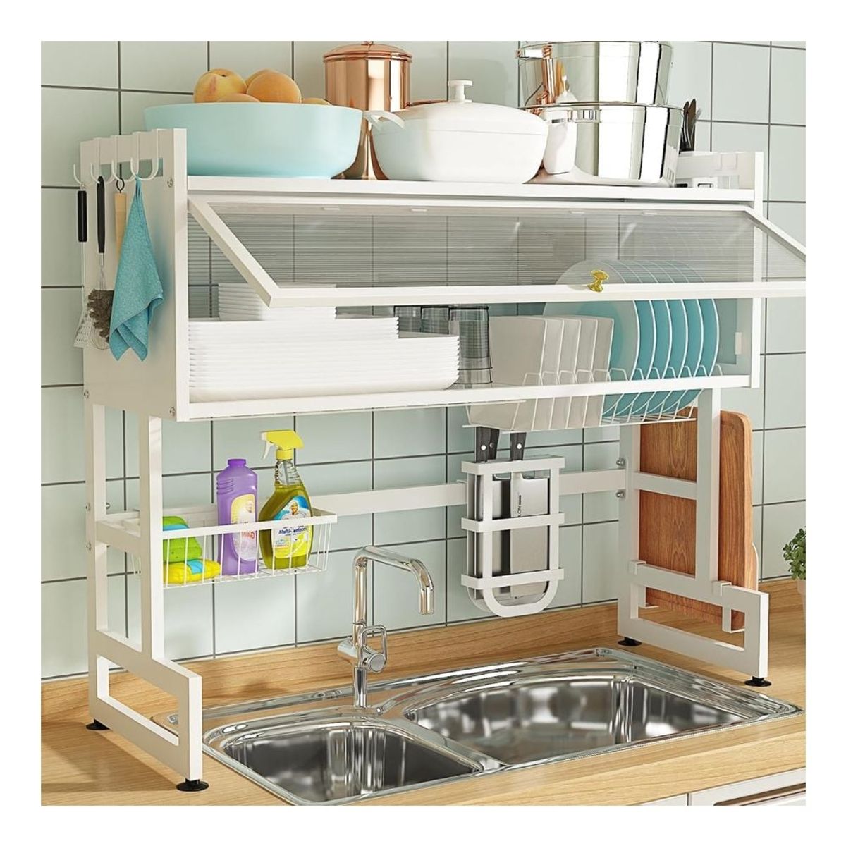 GENERICO - Escurridor de platos de 2 niveles con cubierta para cocina Vintage