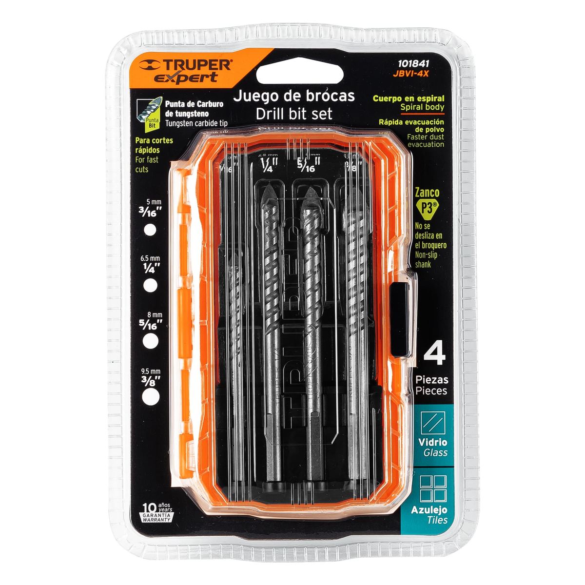 TRUPER - Broca 4 Unidades Juego Vidrio y Mayolica Cuerpo Espiral 101841 Truper