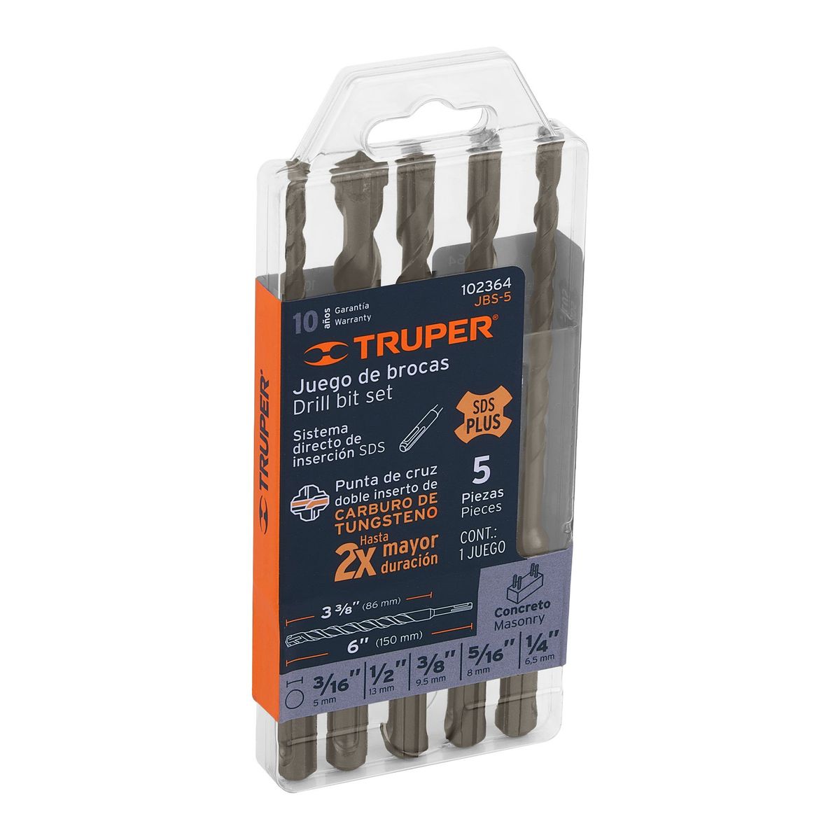 Truper - Broca 5 Uni Juego para Concreto Rotomartillo SDS Plus 102364 Truper