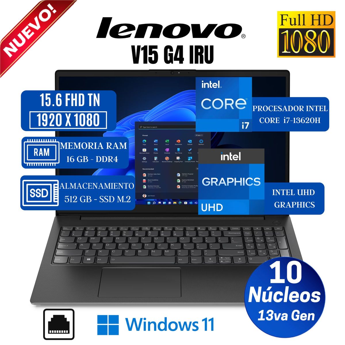 LENOVO - Laptop Lenovo V15 G4 IRU 15.6"  FHD TN, Intel Core i7-13620H, 13va Gen, Ram 16GB, Ssd 512GB, Win Pro
