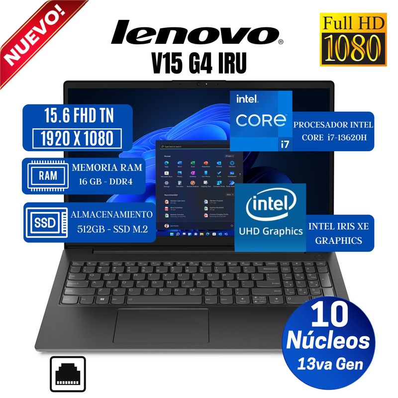 LENOVO - Laptop Lenovo V15 G4 IRU 15.6"  FHD TN, Intel Core i7-13620H, 13va Gen, Ram 16GB, Ssd 512GB, Win Pro