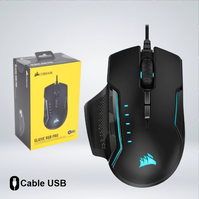 CORSAIR - MOUSE GAMER CORSAIR GLAIVE RGB PRO 3 ZONAS RGB 3 AGARRES 18 KDPI