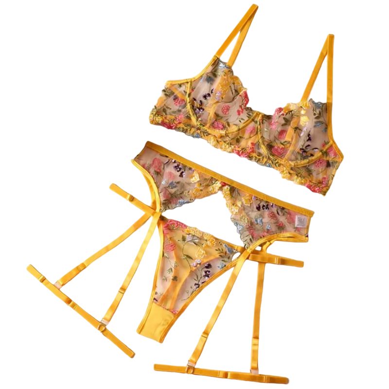 GENERICO - Sexy conjunto de lenceria transparente con encaje 3 partes