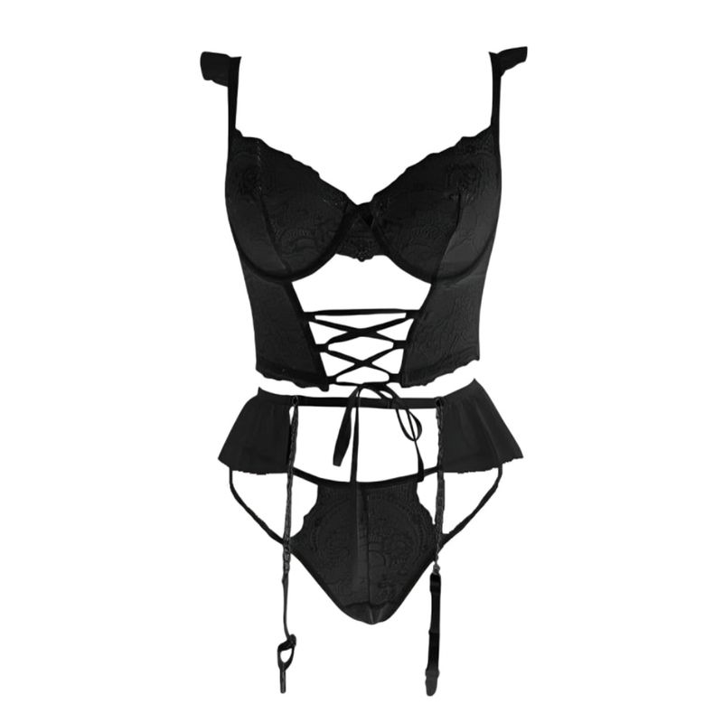 GENERICO - Sexy conjunto de lencería transparente con encaje y cadenas - Negro
