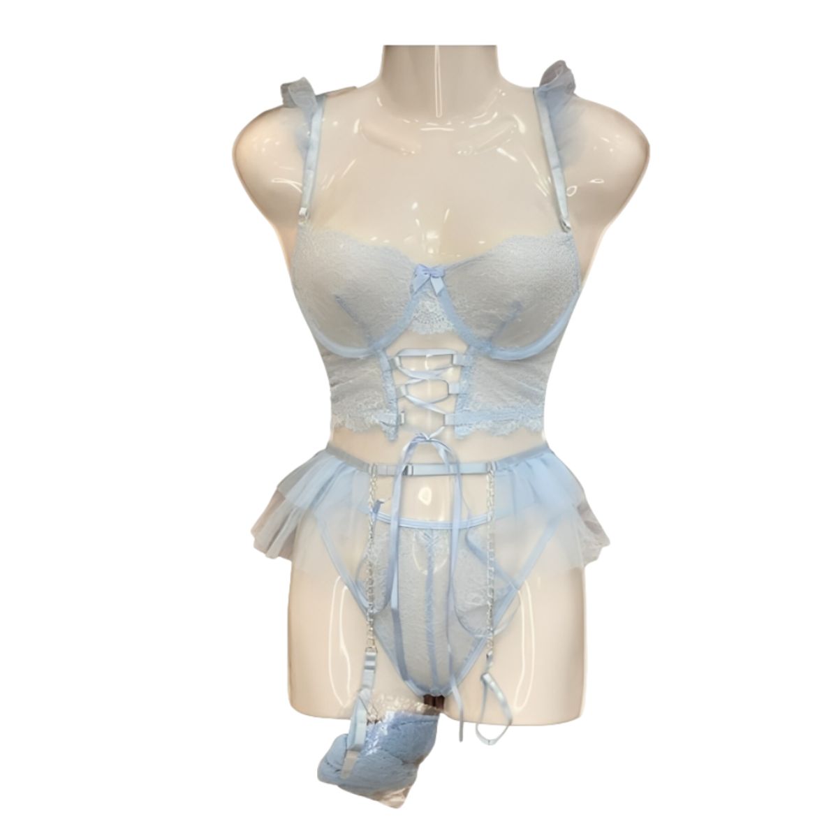 GENERICO - Sexy conjunto de lencería transparente con encaje y cadenas - Negro