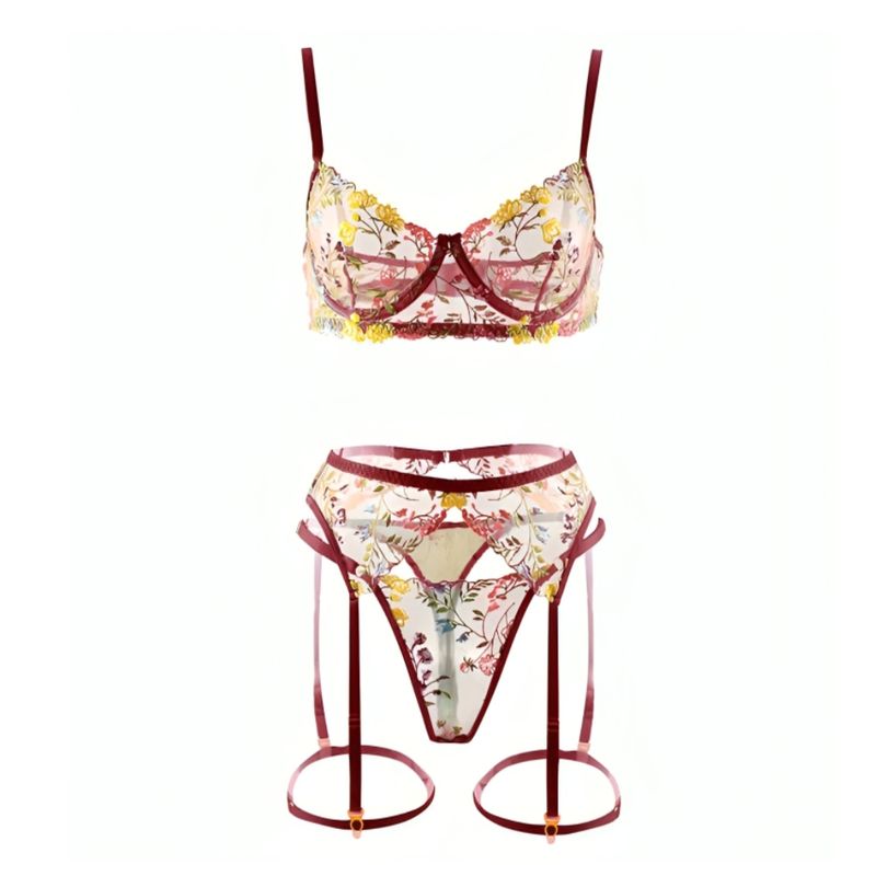 GENERICO - Sexy lencería transparente conjunto de 3 partes con encaje - Rojo