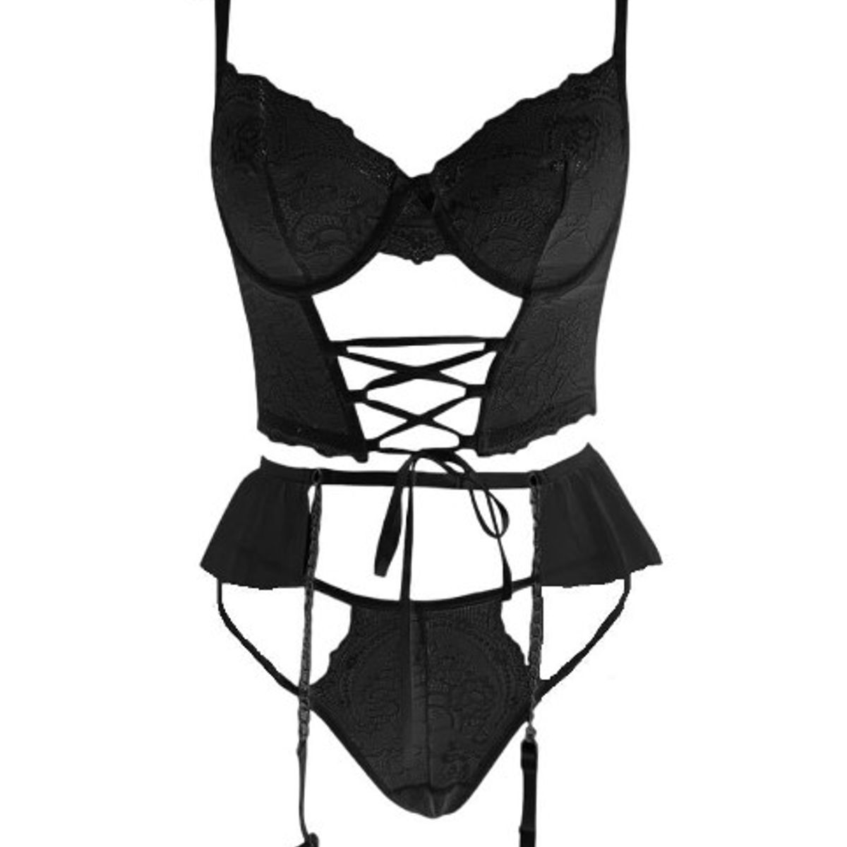 GENERICO - Sexy lencería transparente con encaje y cadenas - 3 piezas - Negro