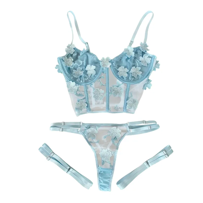 GENERICO - Sexy lencería transparente con encaje - 3 piezas - Celeste