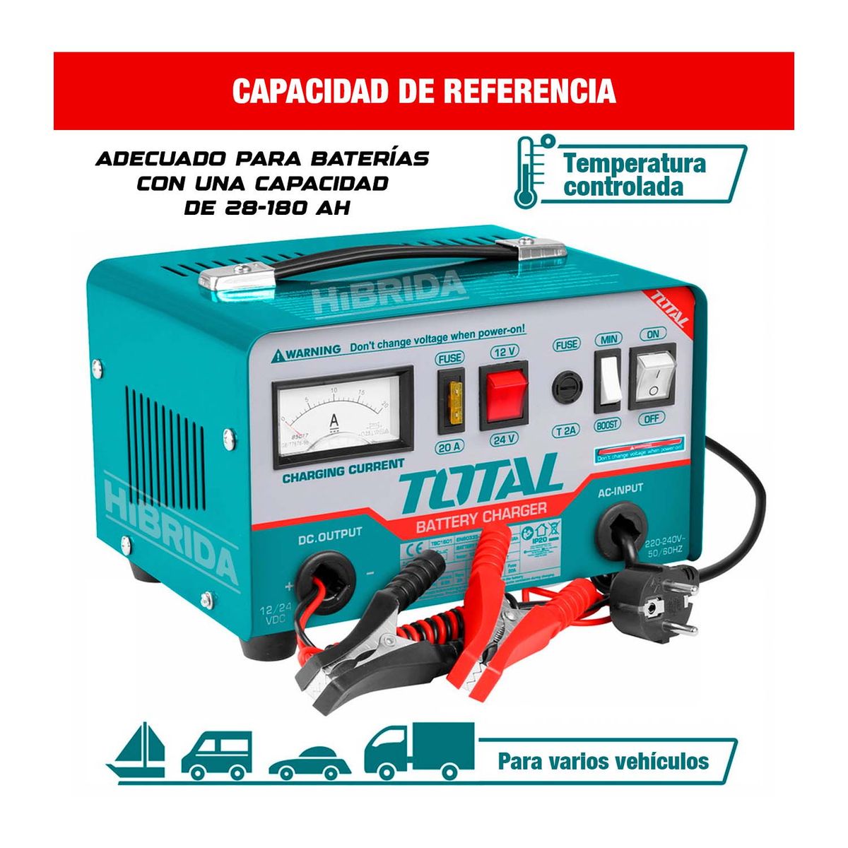 TOTAL TOOLS - CARGADOR DE BATERÍA 1224V TOTAL TURQUESA AUTO MOTO GUANTE - TBC1601