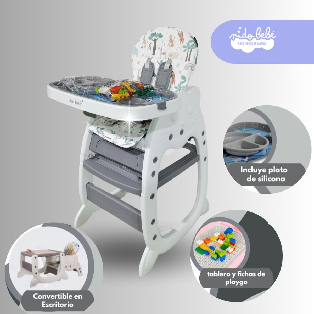 GENERICO - Silla convertible De Comer de bebé modelo Gato color Plomo