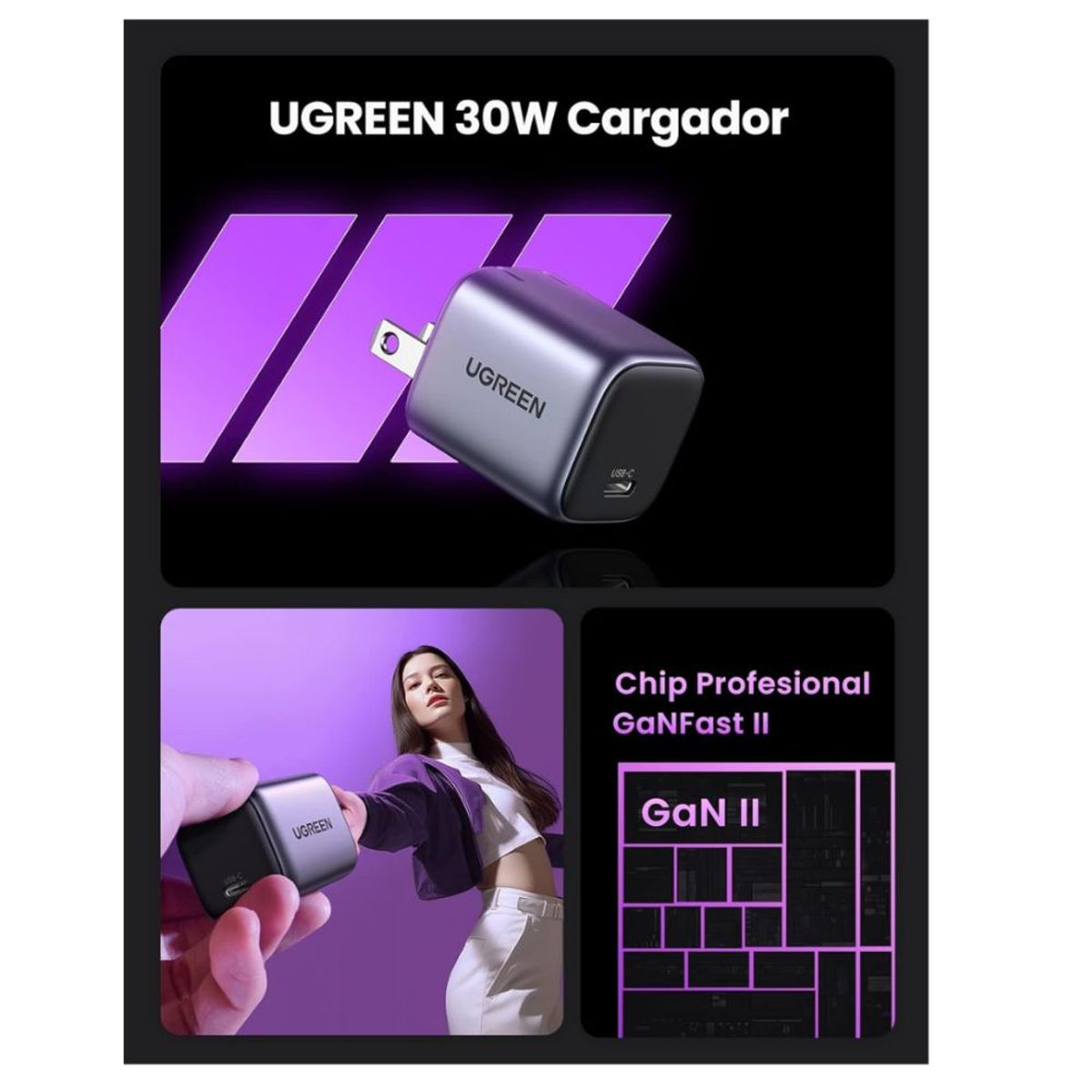 UGREEN - Cargador UGREEN Type C de 30W para iPhone 17 iPad Pro Plegable GaN Nexode Carga Rapida