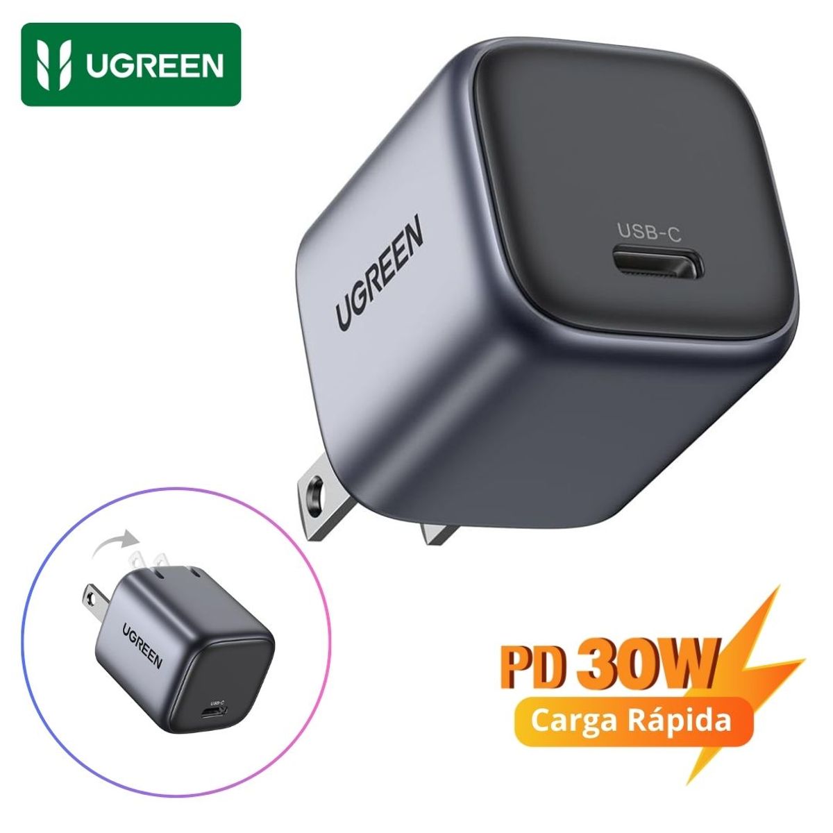 UGREEN - Cargador UGREEN Type C de 30W para iPhone 17 iPad Pro Plegable GaN Nexode Carga Rapida