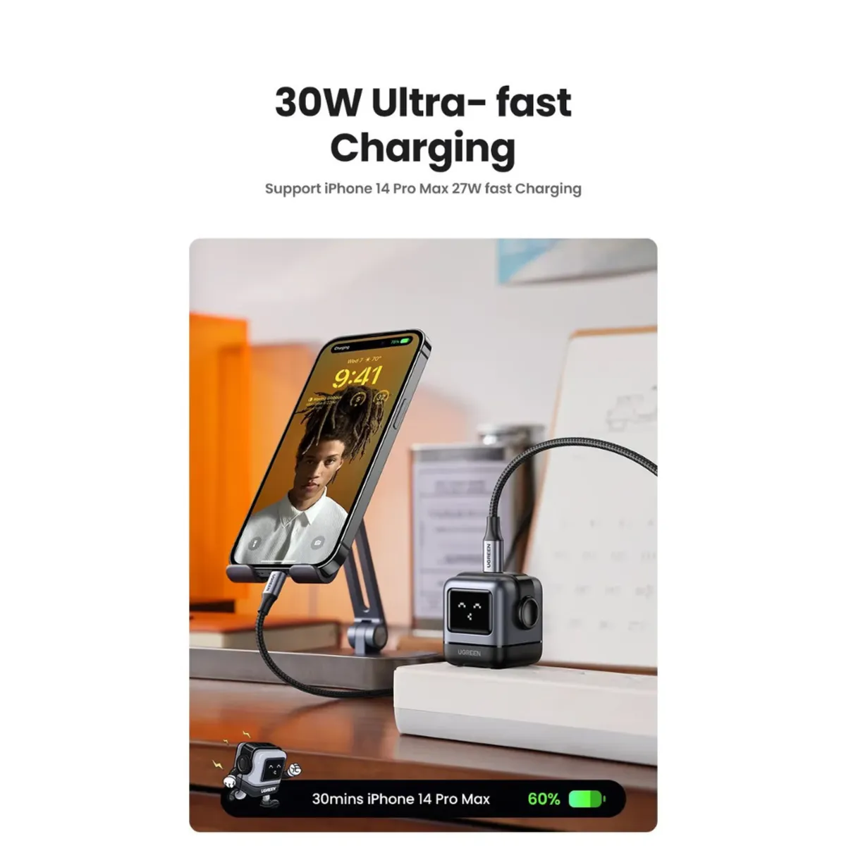 UGREEN - Cargador Ugreen Type C 30W Carga Rápida Robot con Pantalla Led UGREEN UNO Iphone iPad