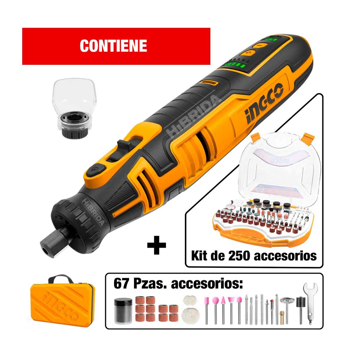 INGCO TOOLS - GRINDER 8V INCGO MINITORNO 67PZS USB INALÁMBRICO MÁS 250 ACCESORIOS