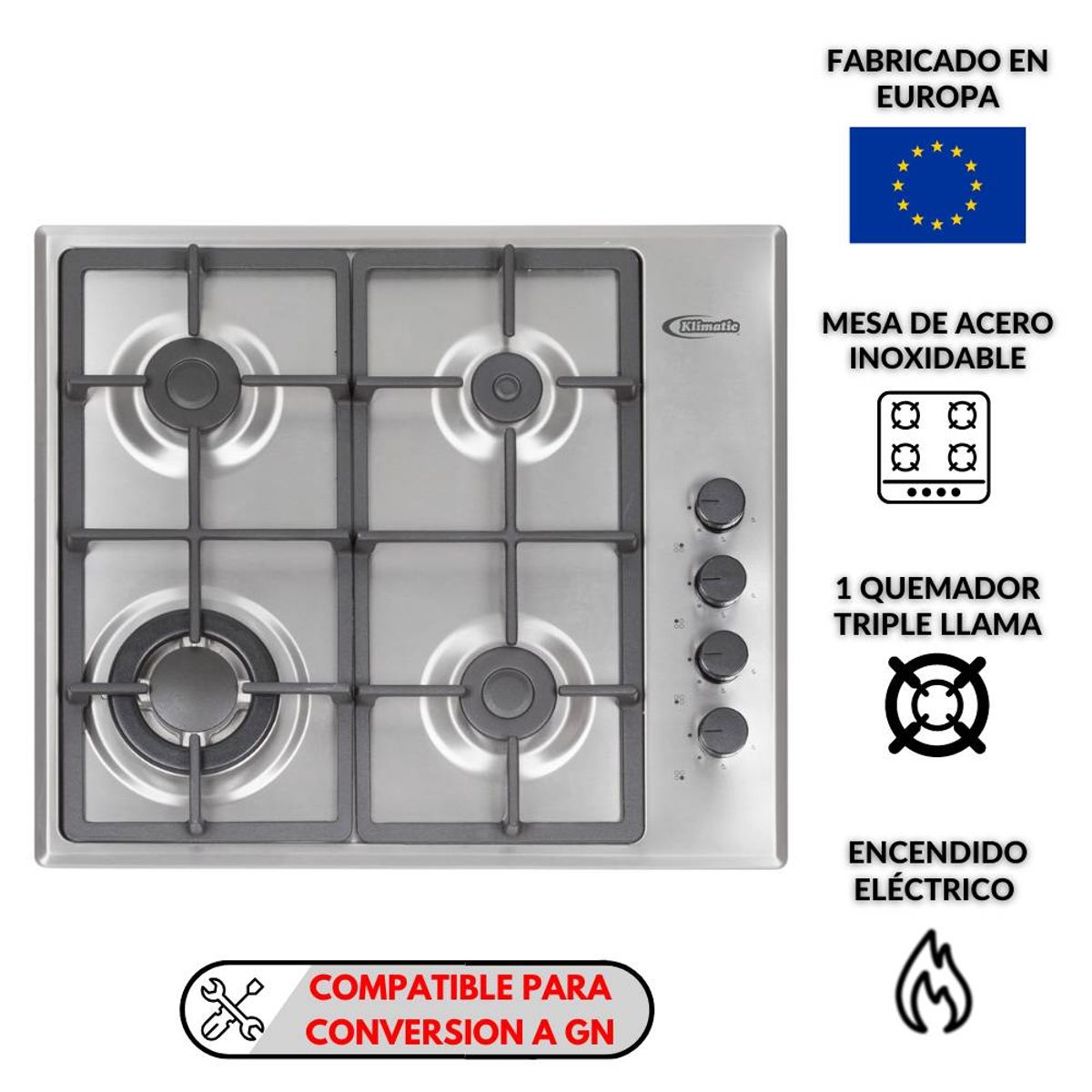 KLIMATIC - Cocina Empotrable a gas 4 hornillas CEKT600-Pro.