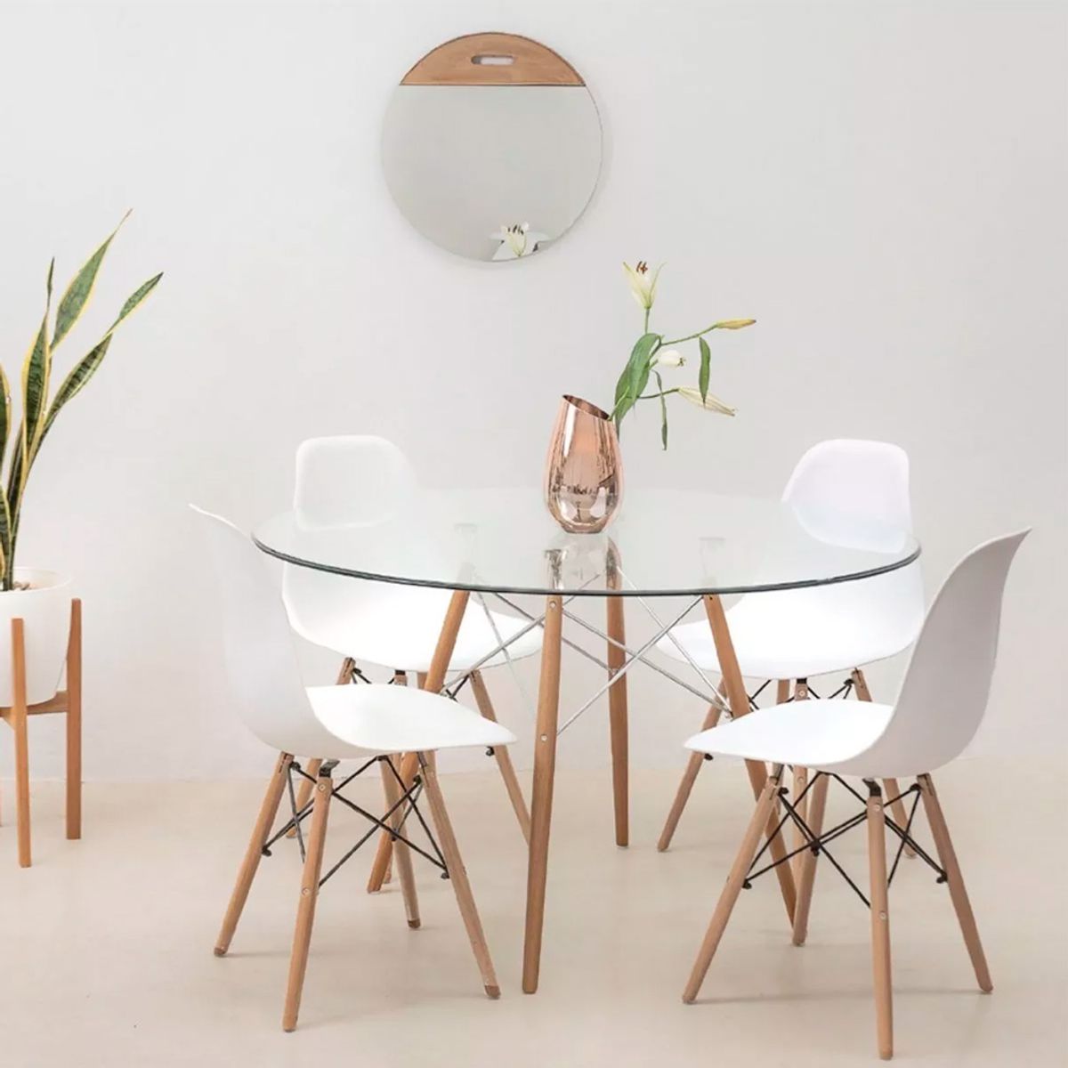 OFIDEAS - Juego De Comedor Completo Eames Vidrio  y Silla Blancas Ofideas