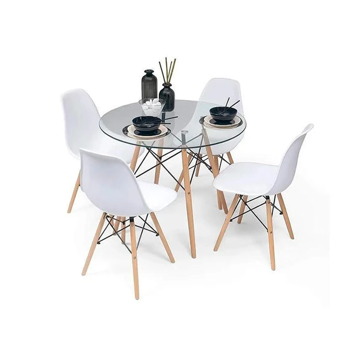 OFIDEAS - Juego De Comedor Eames 4 Personas Mesa Vidrio Y Silla Blanco Ofideas