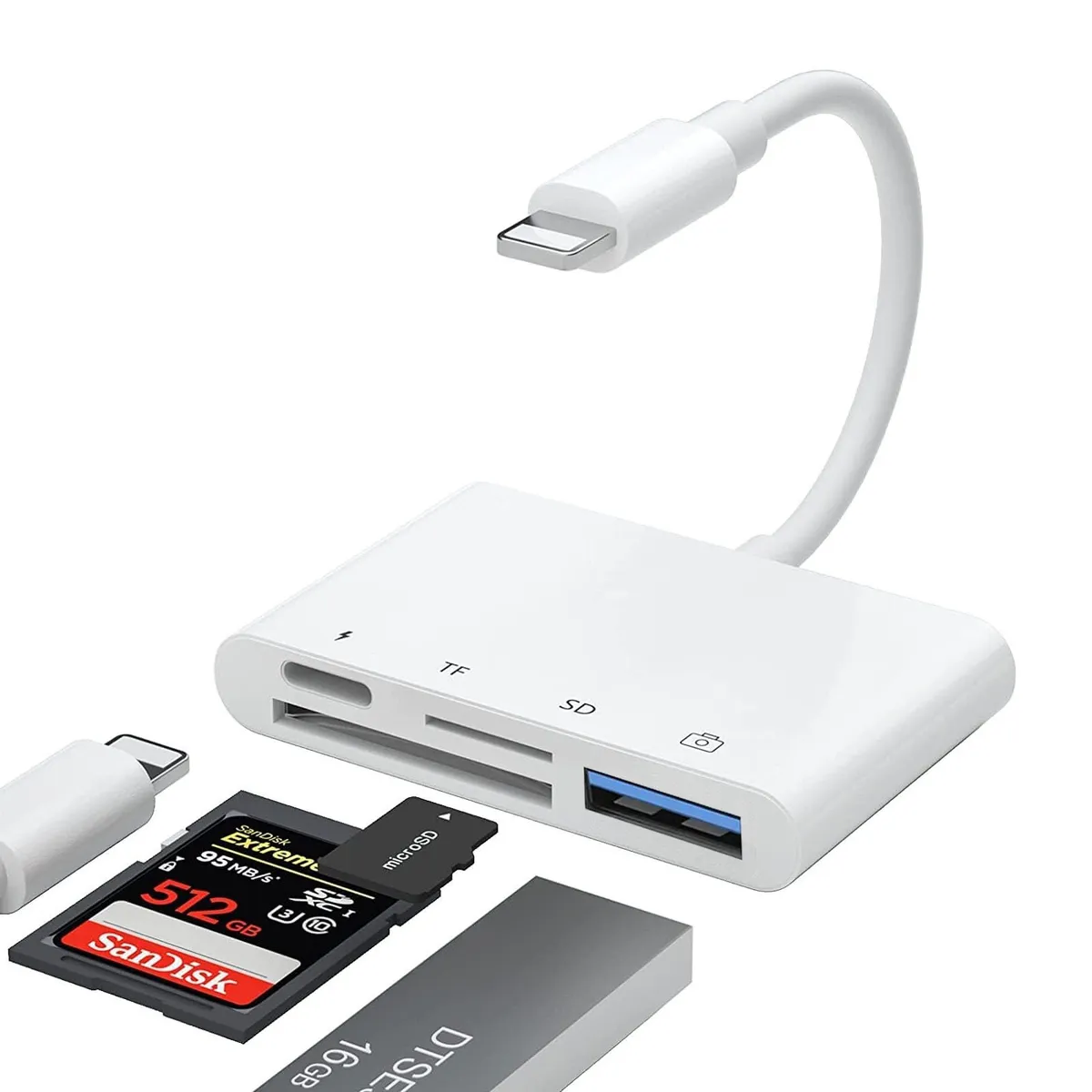 OEM - Adaptador 4 en 1 Lightning a SD, TF, USB 3.0 y Lightning carga