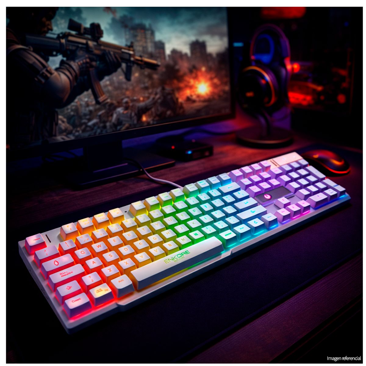 ENKORE - Teclado Gamer Blanco con Luces Rainbow ENKORE Brain 603W USB Español Ñ