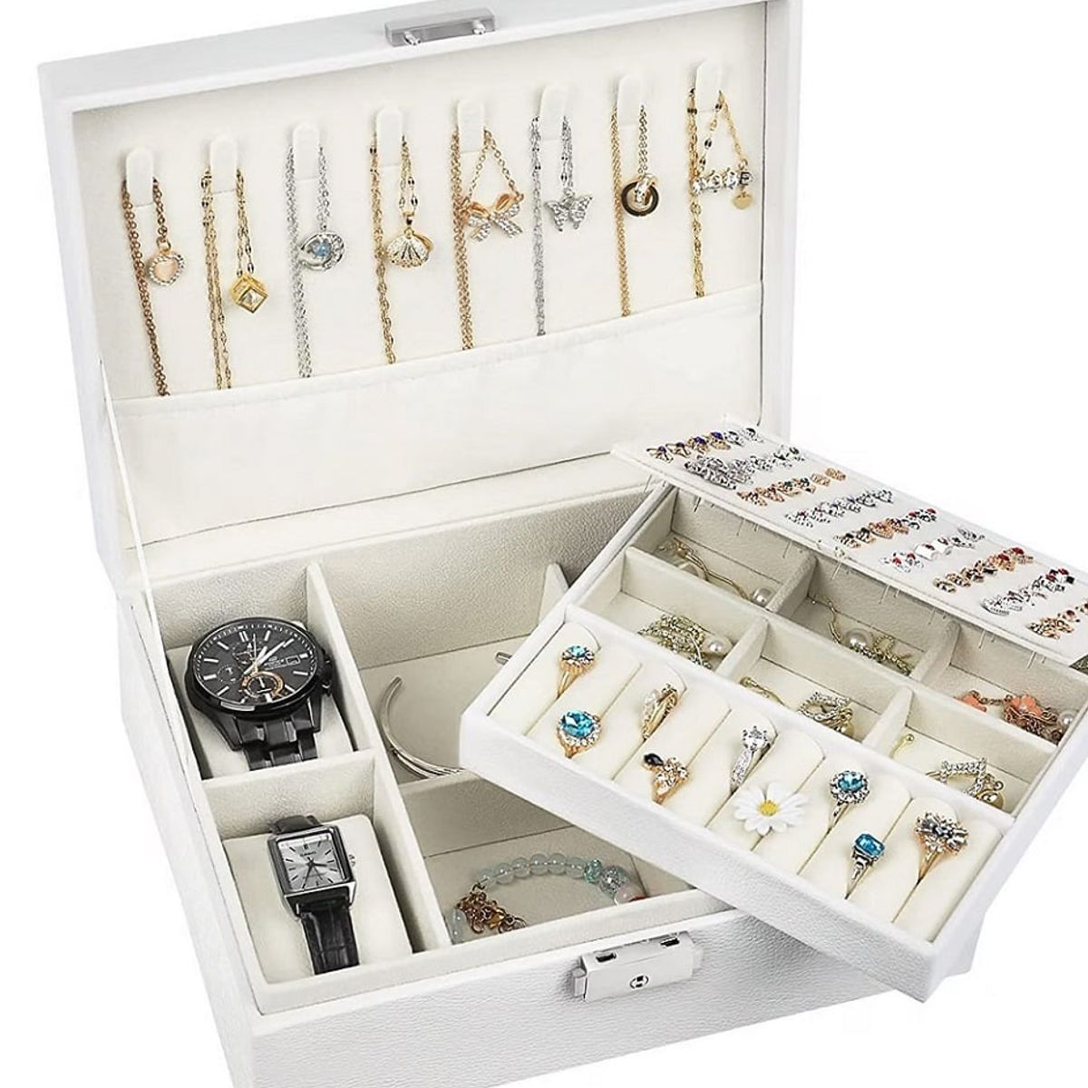 GENERICO - Organizador de Joyas de Cuero Multifuncional de 2 Capas con Cerradura