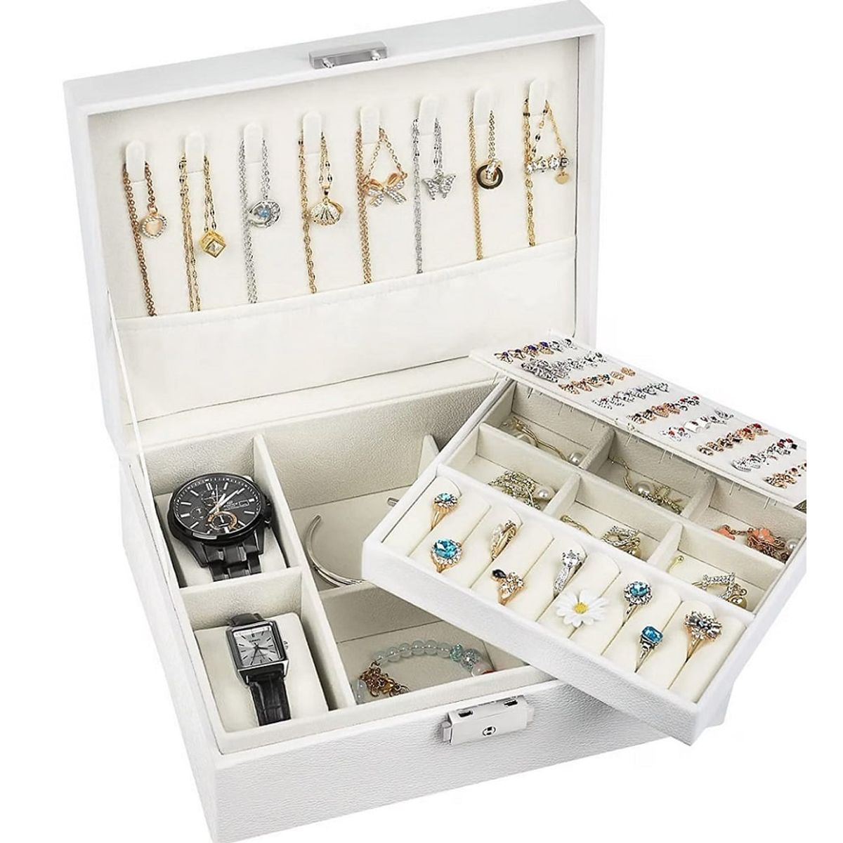 GENERICO - Organizador de Joyas de Cuero Multifuncional de 2 Capas con Cerradura