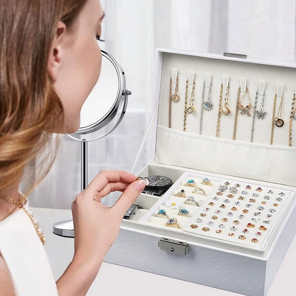 GENERICO - Organizador de Joyas de Cuero Multifuncional de 2 Capas con Cerradura