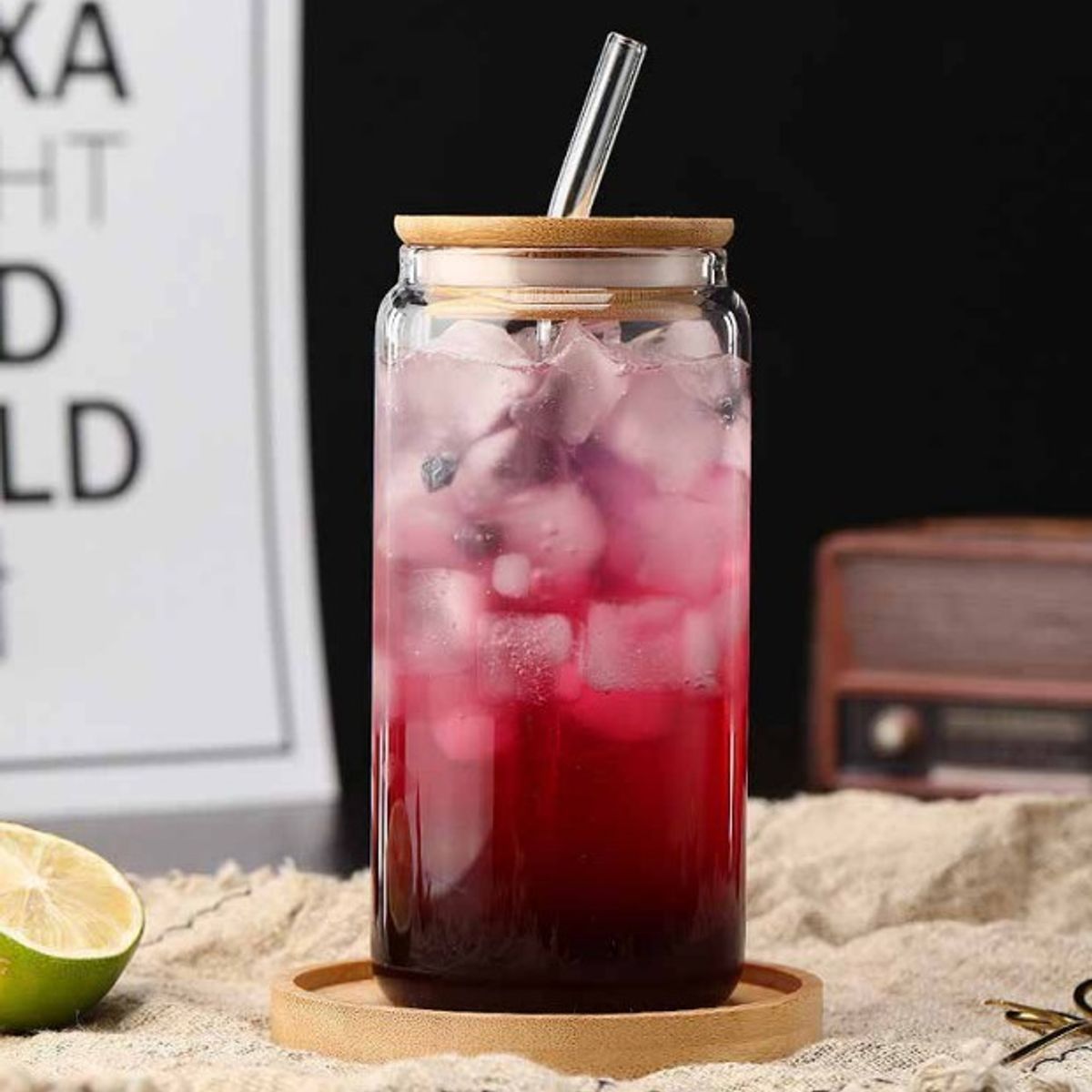 GENERICO - Pack x 2 Vasos de Vidrio con Tapa de Bambu y Sorbete 500ml