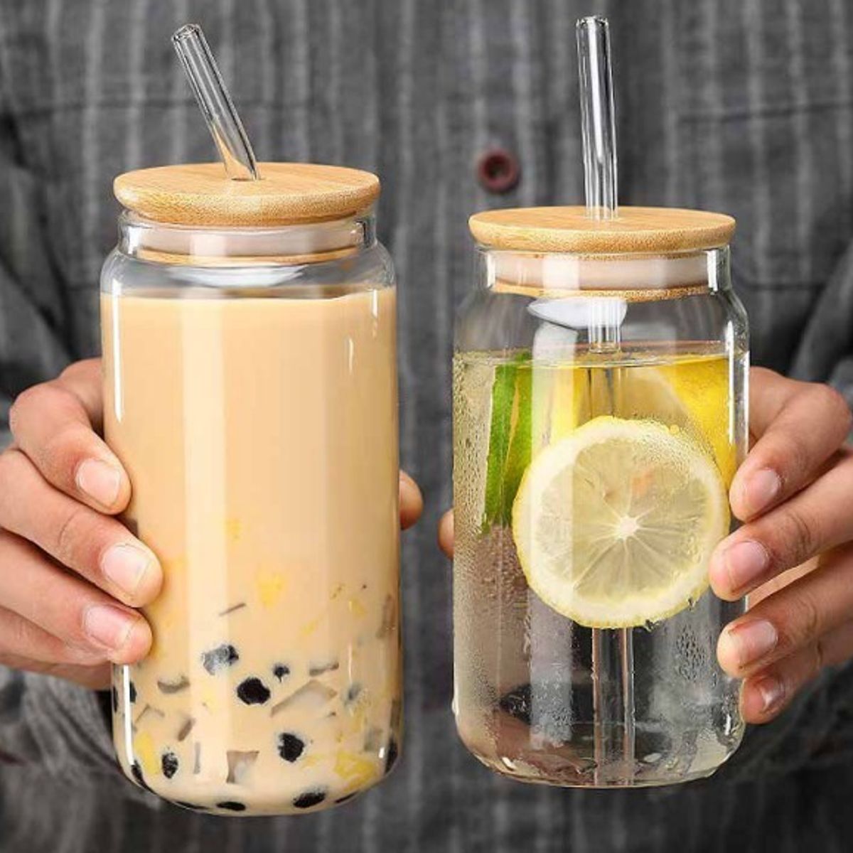 GENERICO - Pack x 2 Vasos de Vidrio con Tapa de Bambu y Sorbete 500ml