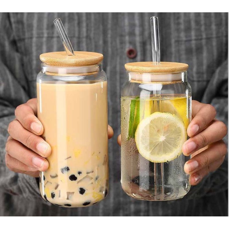GENERICO - Pack x 2 Vasos de Vidrio con Tapa de Bambu y Sorbete 500ml