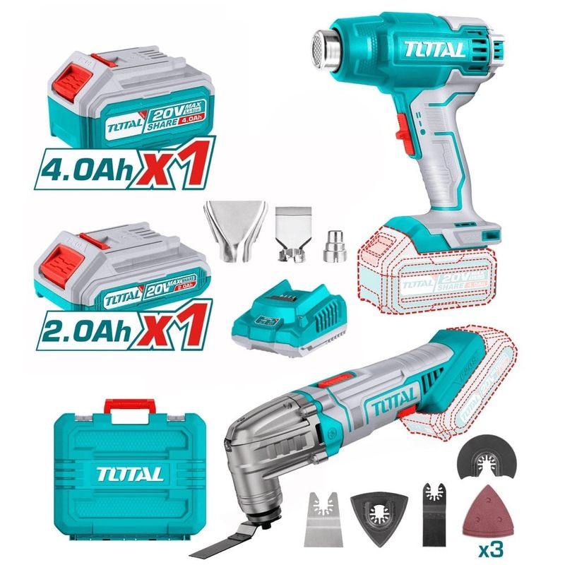 TOTAL TOOLS - COMBO PISTOLA DE CALOR 20V + HERRAMIENTA MULTIFUNCIÓN OSCILANTE 20V TOTAL TOSLI230705