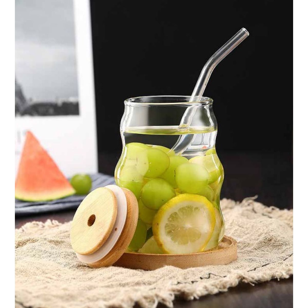 GENERICO - Vaso de Vidrio Ondulado con sorbete y Tapa de Bambu 500ml