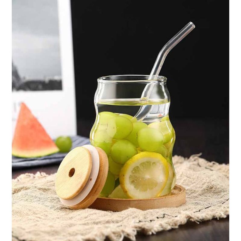 GENERICO - Vaso de Vidrio Ondulado con sorbete y Tapa de Bambu 500ml