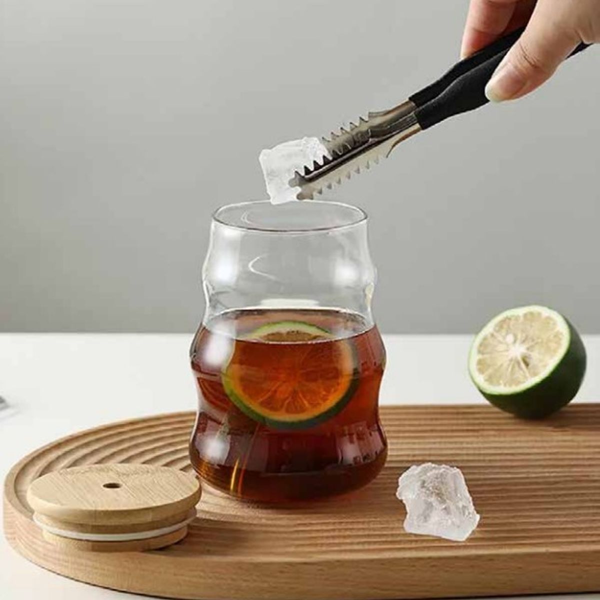 GENERICO - Vaso de Vidrio Ondulado con sorbete y Tapa de Bambu 500ml