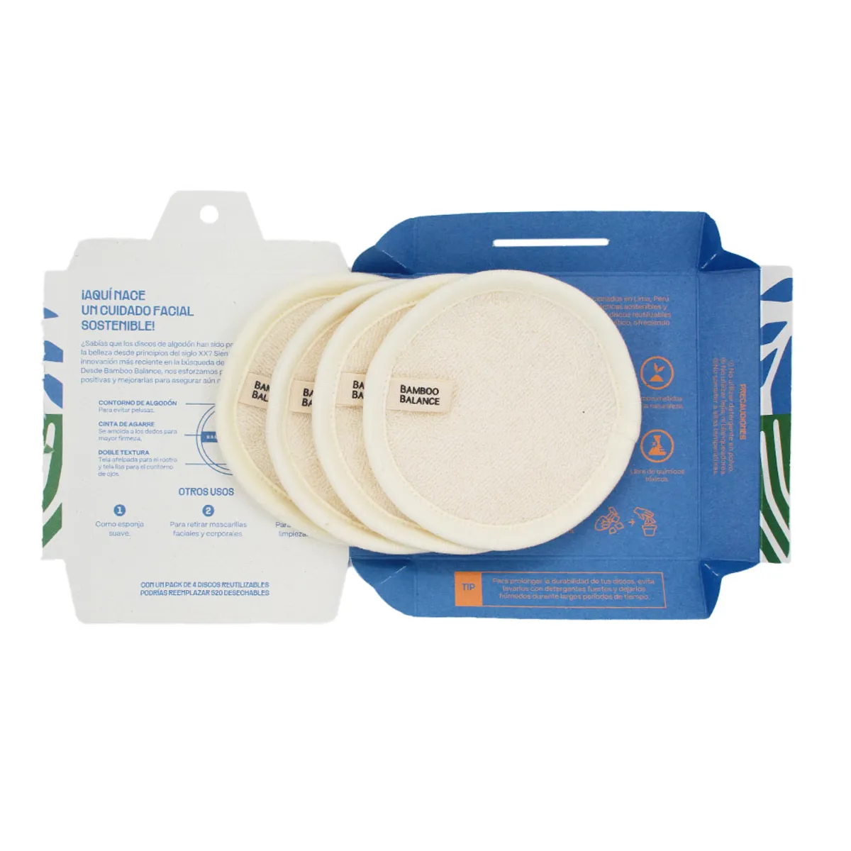 BAMBOO BALANCE - Discos Desmaquillantes de Algodón Orgánico Reutilizable 4 Unidades
