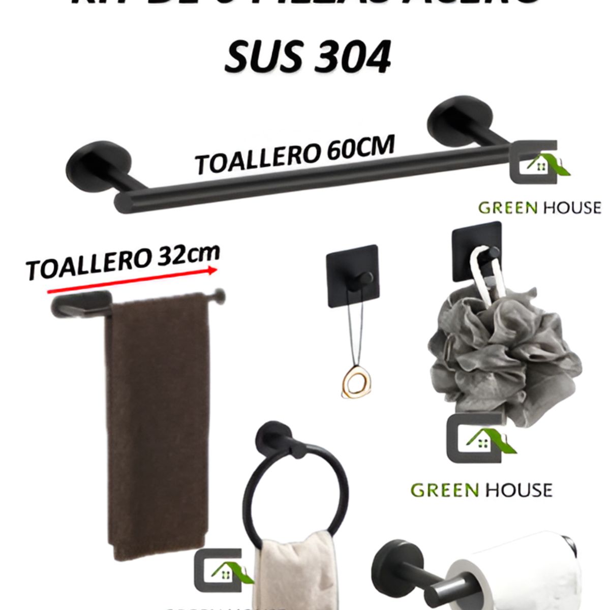 GENERICO - KIT 6 PIEZAS TOALLERO 60CM NEGRO  ACERO SUS 304