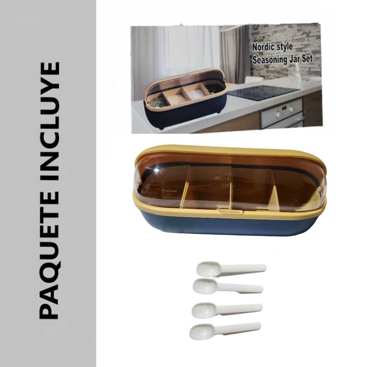 GENERICO - Organizador de condimentos Condimentero 4 compartimientos con cuchara