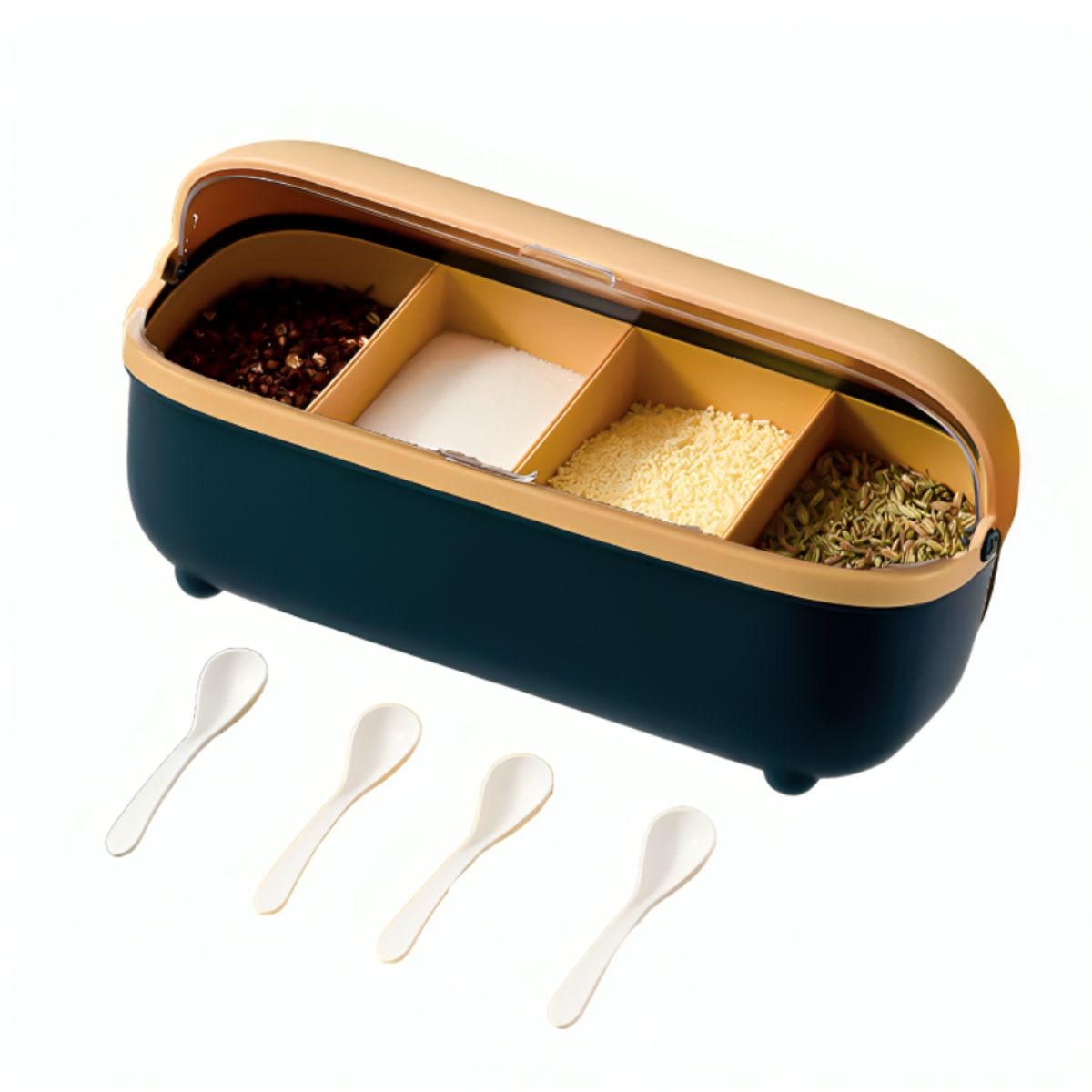 GENERICO - Condimentero Contenedor con cuatro compartimentos y cuchara - Azul