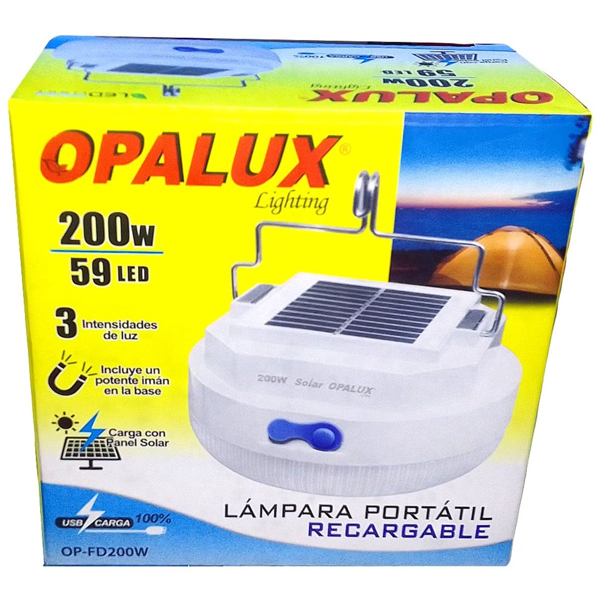 OPALUX - LAMPARA PORTATIL RECARGABLE CON PANEL SOLAR 200W OP-FD200W