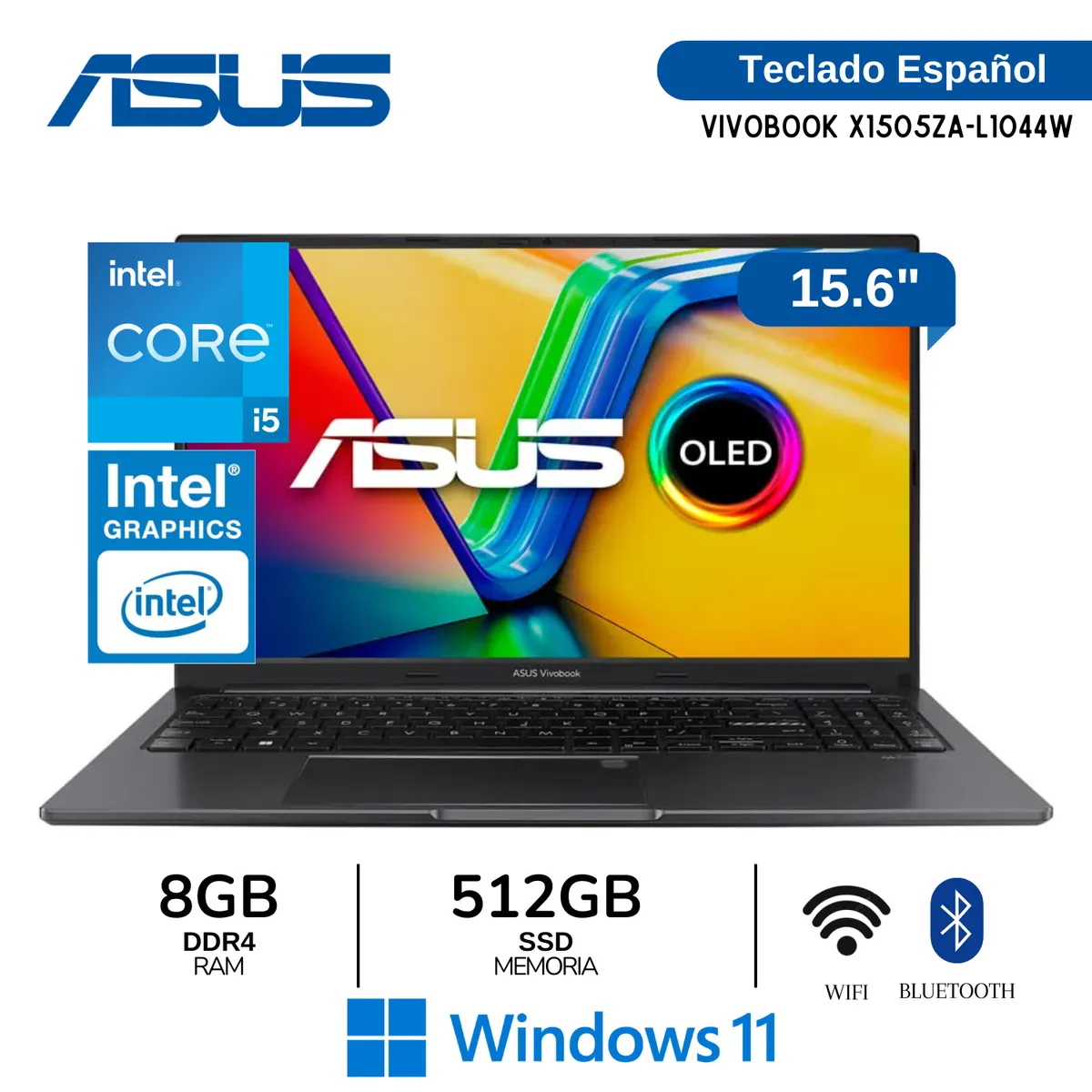 ASUS - Laptop Asus Vivobook X1505ZA-L1044W Intel Core i5-1235U 8GB RAM 512GB SSD OLED 156 Wind 11-Black