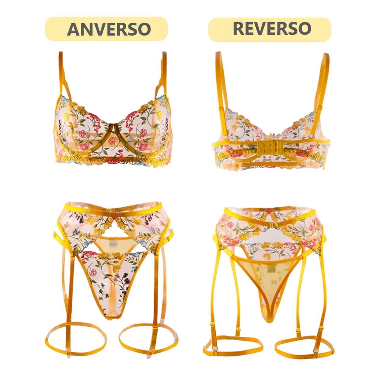 GENERICO - Sexy conjunto de lancería flores con encaje 3 partes