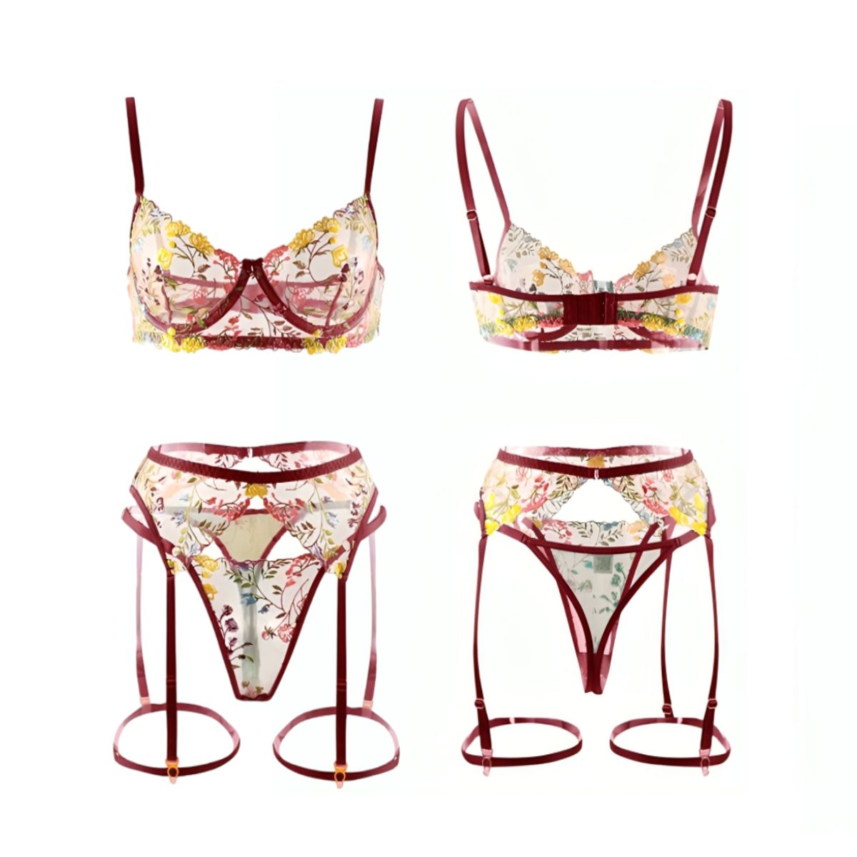 GENERICO - Sexy conjunto de lancería flores con encaje 3 partes