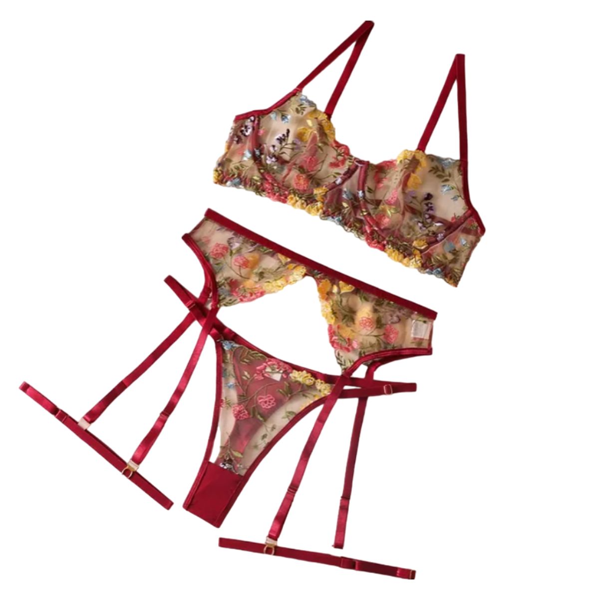 GENERICO - Sexy conjunto de lancería flores con encaje 3 partes