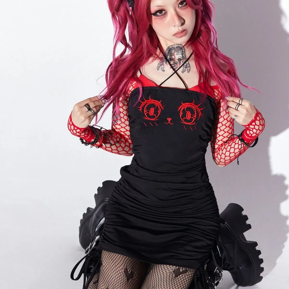 GENERICO - VESTIDO NEGRO LOLITAS BORDADO GATO KAWAII